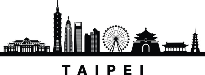 Fototapeta premium Taipei Taiwan Skyline Silhouette Vector Featuring Iconic Landmarks and Modern Architecture