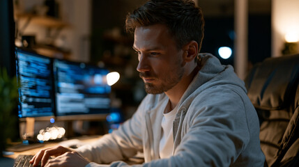 Fototapeta premium Solitary data security analyst in a modest home office working late reviewing post-quantum cryptography migration documentation across dual monitors, cybersecurity professional, encryption policy, I