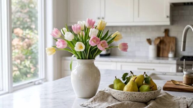 Slow dolly in shot of vase of pink and yellow tulips and bowl of pears revealed on marble kitchen countertop by window in bright morning light, calm home interior