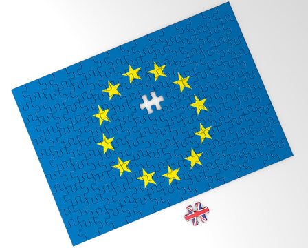 European flag puzzle. Britain's exit from Europe. Brexit puzzle with the flag of Great Britain separated from the rest of Europe. 3d rendering