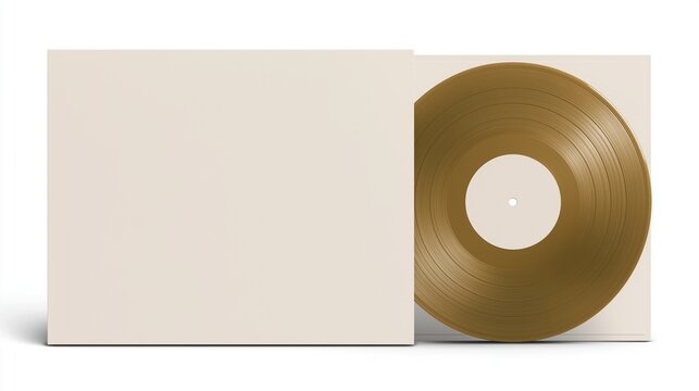 Golden color vinyl record with blank beige paper cover sleeve on plain white background ready for custom album art mockup template for music design work