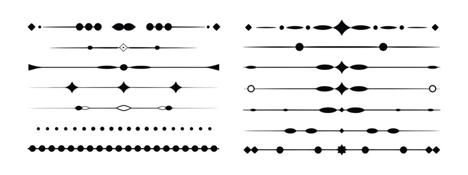 Decorative divider icon set, geometric minimal dotted and line separators for typography, layout borders and graphic design composition.