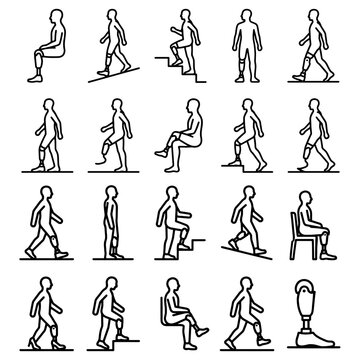 Prosthetic leg lower limb mobility and amputee rehabilitation grid. Flat black outlines of professional bionic biomechanics and medical orthopedic tools isolated on white background.