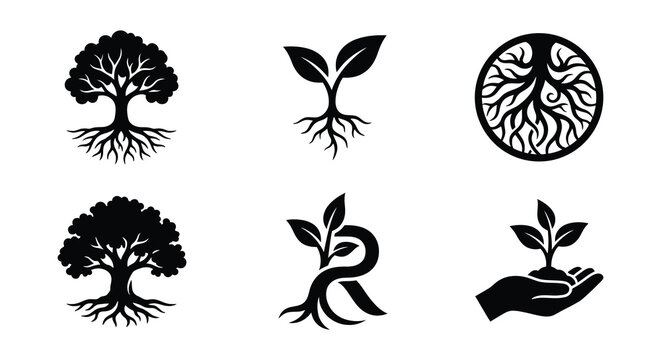 Variety Of Plant Silhouettes Black Vector Illustration On White Background