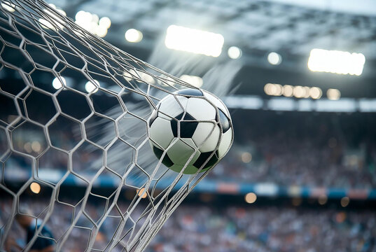 Soccer ball on a net, Soccer ball flew into the goal. Soccer ball bends the net, against the background of flashes of light. Soccer ball in goal net on blue background. A moment of delight. 3D illustr