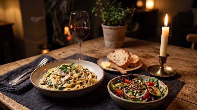 Slow dolly in shot of pasta bowl with salad bread and wine as candle flickers and steam rises on wooden dining table in cozy indoor evening dinner setting