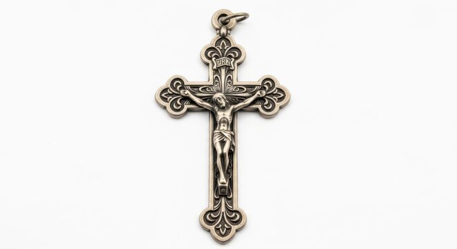 Ornate Silver Crucifix Pendant, Jesus Christ on Cross, Religious Jewelry Isolated