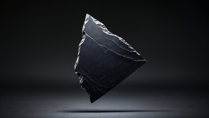 Fototapeta premium Black slate rock fragment with sharp edges and smooth surface, suspended in mid-air against a dark background, showcasing natural geological features and textures