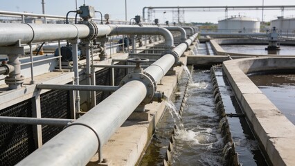 Naklejka premium Industrial sewerage treatment facility handling effluent and wastewater recycling.