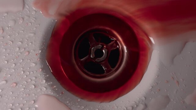 Realistic bloody water flowing into drain in bathroom, red liquid swirling in sink or bathtub, crime scene, homicide aftermath, murder cleanup, horror thriller, forensic evidence, killer washing hands