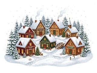 Fototapeta premium charming Scandinavian Christmas village with snow-covered houses, glowing windows, pine trees and soft falling snow, cozy Nordic illustration style, isolated on white background