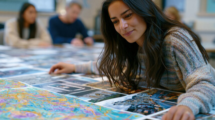 Fototapeta premium Anthropologist at a city university lays out photographs of disappearing sacred architectural spaces across a seminar table, alongside student-drawn maps of gentrifying neighborhoods, cultural geogr
