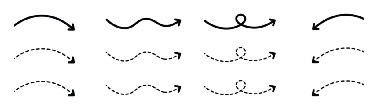 Curved arrows set, smooth dashed and dotted line arrow styles for direction guidance, highlighting and infographic design elements.