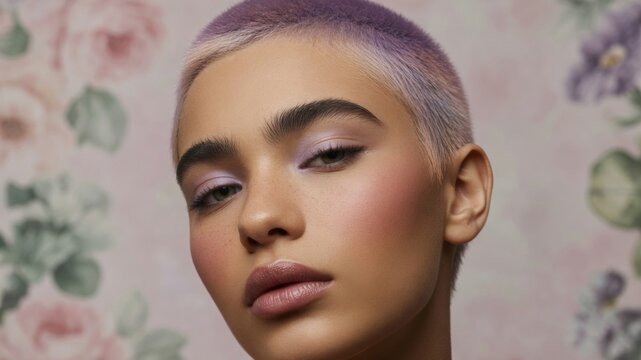 Stylish woman with short lavender buzz cut hair posing for fashion beauty portrait in floral studio background