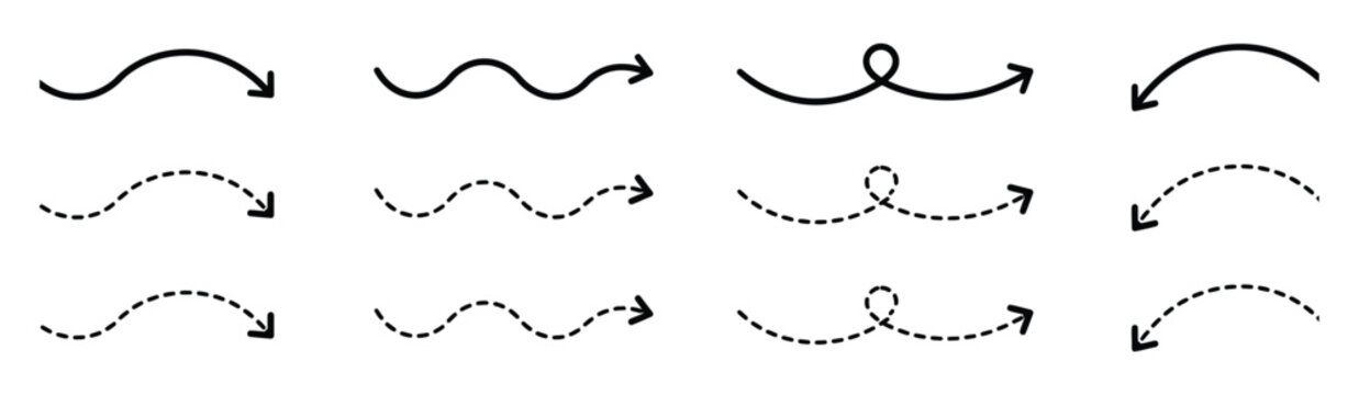 Curved arrows set, smooth dashed and dotted line arrow styles for direction guidance, highlighting and infographic design elements.