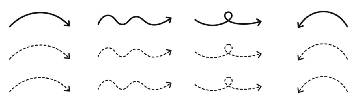 Curved arrows set, smooth dashed and dotted line arrow styles for direction guidance, highlighting and infographic design elements.