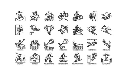 Fototapeta premium Simple Extreme Sports Line Icons Set with Editable Stroke Vector Collection for Web and UI Design