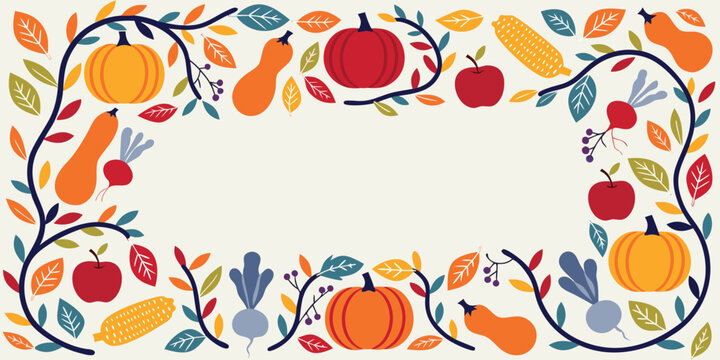 Autumn harvest frame border with pumpkins and vegetables