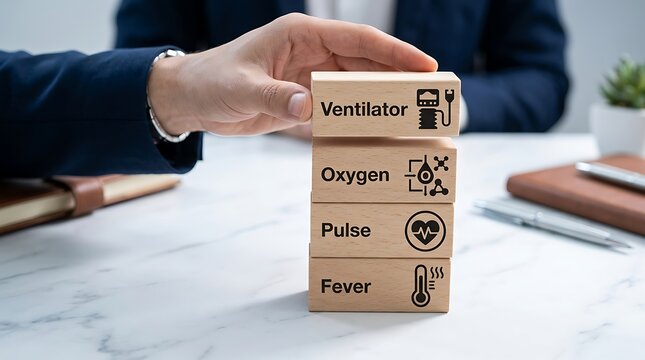Hand placing wooden blocks with medical terms ventilator oxygen pulse and fever icons for health care concept
