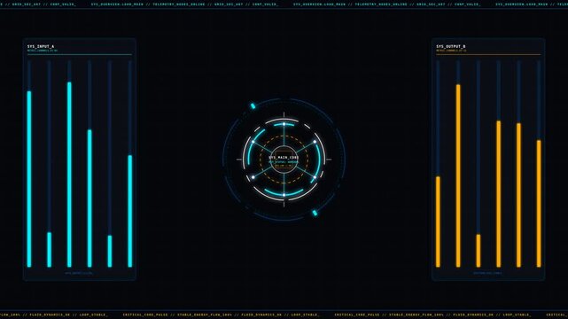 Motion Data Visualization with Dynamic Bar Graphs and Circular Analytics in Futuristic Digital Interface.