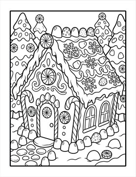 Christmas coloring page gingerbread house with candies and snowy trees North America.