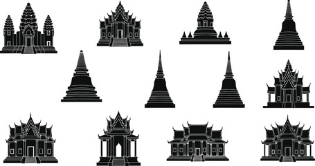 Black silhouettes of thai temples and pagodas © NasimaAktar