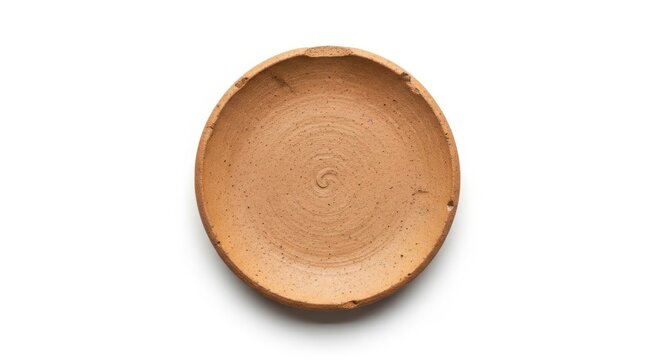 Ancient Terracotta Bowl, Primitive Clay Potery, Rustic Earthware Dish, Top View on White Background