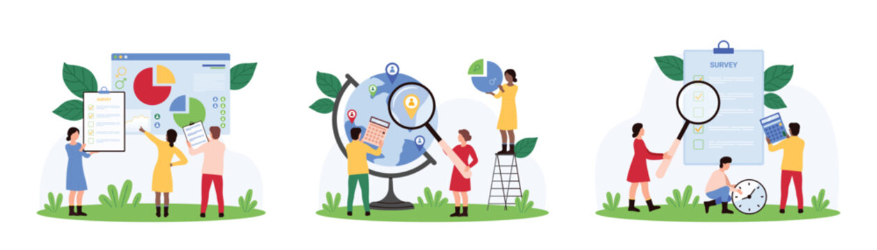 Sociology global results research and statistics comparison set. Tiny sociologists look through magnifying glass at survey report list, globe with people diversity cartoon vector illustration