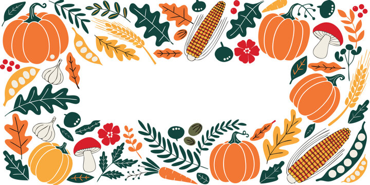 Rich autumn harvest frame with pumpkins mushrooms and garden vegetables on decorative fall border layout