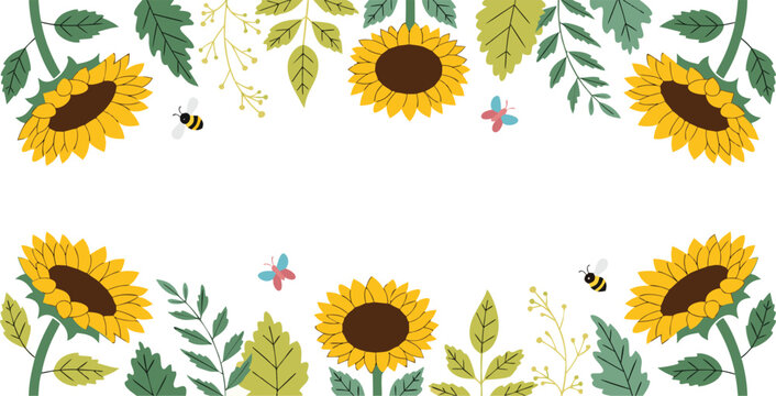 Sunflower and bee floral frame border on transparent background