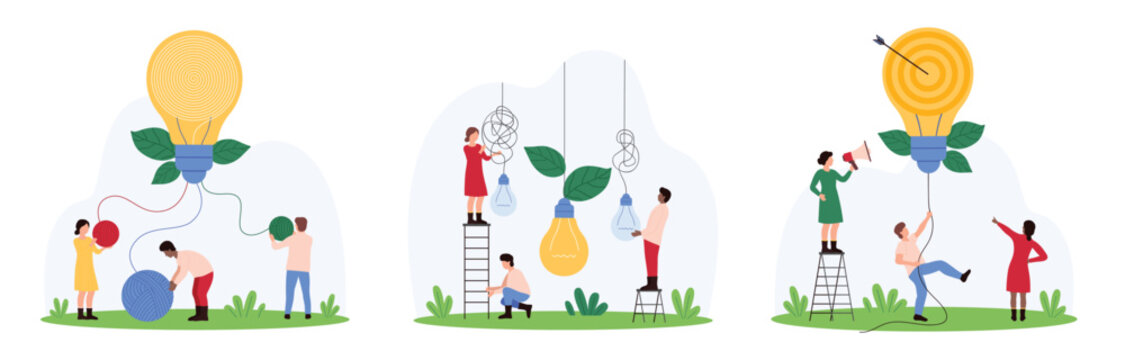 Creative, easy solution set. Tiny people untangle wires of hanging light bulbs to understand way and solve complex unclear problem, holding purpose lamp with target cartoon vector illustration