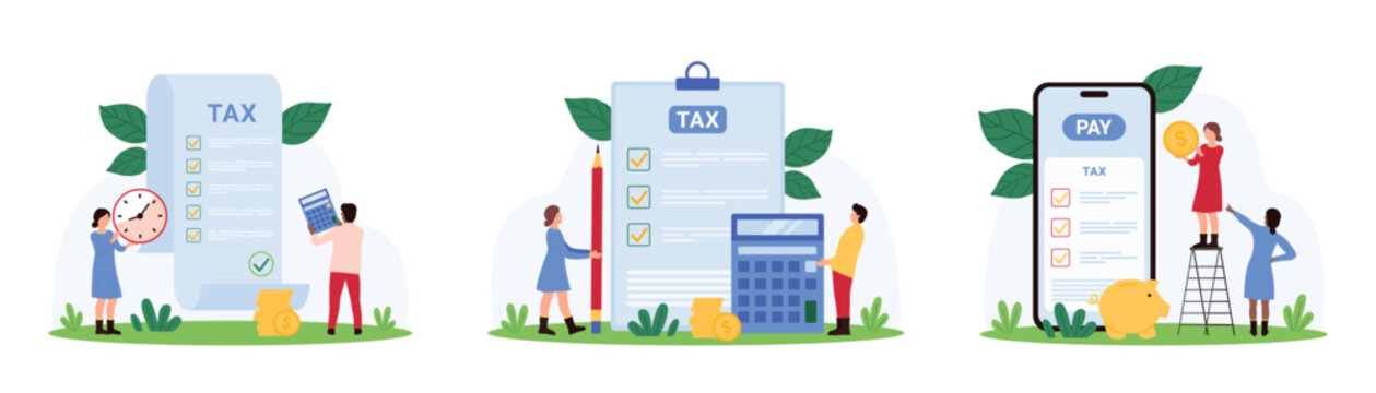 Tax payment, financial account management, accounting set. Tiny people with calculator control paper receipt report and tax checklist in mobile app to pay and plan budget cartoon vector illustration