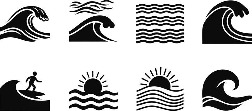 Black and white ocean wave icons with surfer