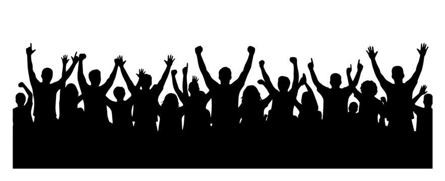 Silhouette crowd celebration vector banner with raised hands and cheering people