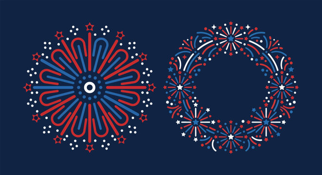 Patriotic wreath of small fireworks and circular firework display icon with red white and blue stars on dark background.