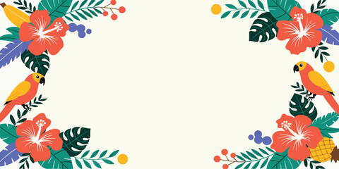 Tropical summer floral background with parrots and hibiscus flowers © Sadhin07