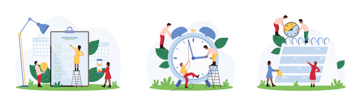 Time management, deadline set. Tiny people trying to stop arrow of clock, hold bell to plan business tasks, event and meeting in calendar and checklist, work with schedule cartoon vector illustration