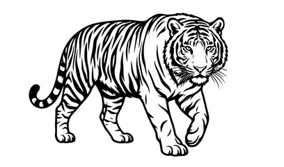 Obraz premium Tiger walking detailed line art black and white vector illustration