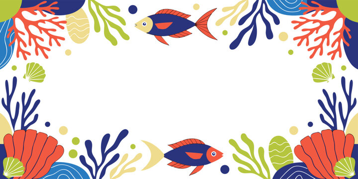 Underwater ocean life frame with colorful coral and tropical fish