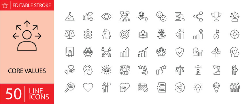 Core values icons set. Includes symbols of integrity, respect, teamwork, accountability, trust, leadership, and excellence. Editable stroke. Vector illustration. Outline icons. Perfect for business. 