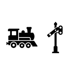 Steam locomotive and railway crossing signal icon set with transport, locomotive © anarul