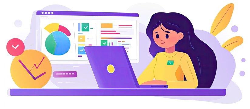 Modern Data Analysis: Woman at Laptop with Vibrant Infographics and Charts.