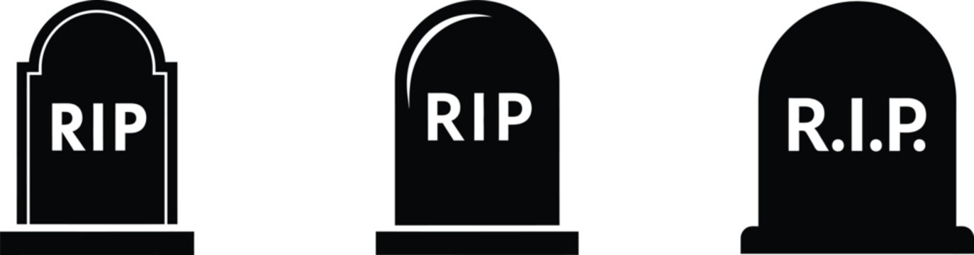 Tombstone icons with rip inscriptions. Halloween silhouette icon and symbol set. Halloween element, halloween decoration, halloween vector illustration on white background