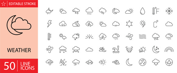 Naklejka premium Weather icons set. Containing symbols of sun, clouds, rain, snow, storms, wind, and temperature indicators. Editable stroke. Vector illustration. Outline icons.