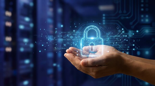 Securely holding digital padlock icon representing data security, cybersecurity, and technology protection over blurred server room background