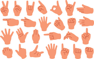 Fototapeta premium Cartoon hand gestures line art collection set showing pointing fingers rock horns fist bump and open palms isolated vector illustrationCartoon hand gestures line art collection set showing pointing fi