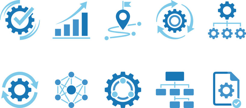 Business management and optimization icon set with blue gear wheels chart timeline and organization symbols isolated on white background for development