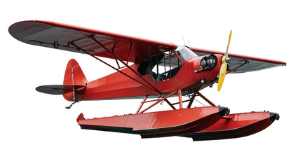 Red seaplane with yellow propeller and floats © Natalia