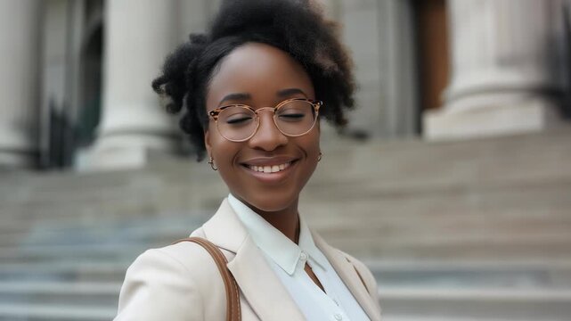 A smiling woman with glasses stands on the steps of a building with classical columns. She wears a blazer and a white shirt, conveying a professional and confident demeanor.