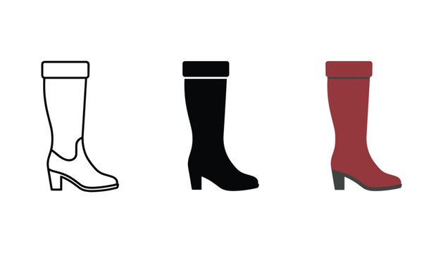 Elegant tall leather boot icons showing knee high footwear in outline solid black silhouette and deep red color styles